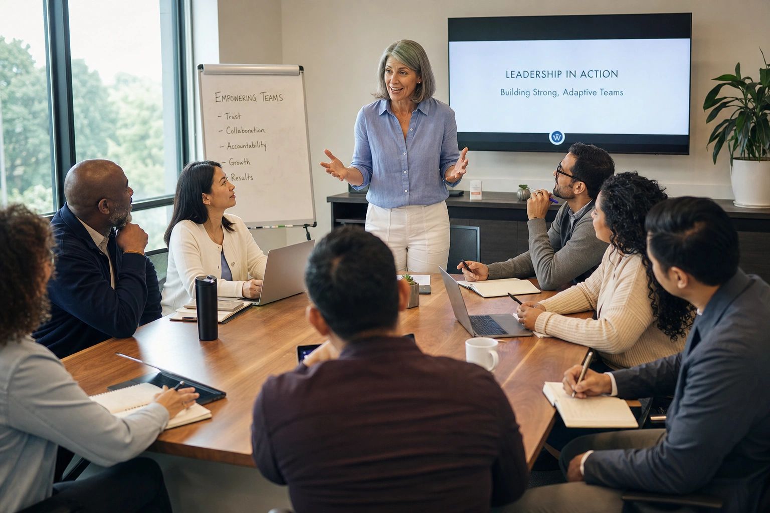 Experienced female facilitator leading a diverse group of professionals in an interactive meeting around a polished conference table