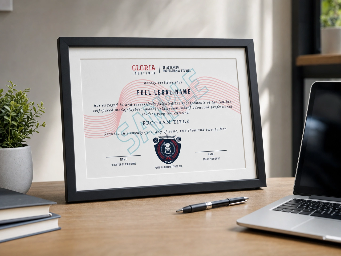 Framed Gloria Institute sample certificate on a wooden desk beside a laptop, pen, and small plant